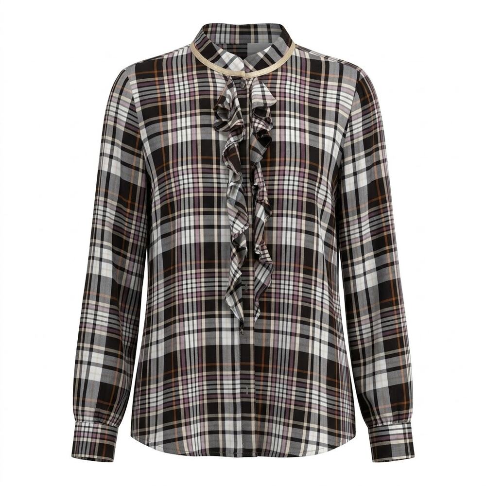 Chico's Multicolor Ruffle V-Neck Lightweight Plaid Blouse Women Size 1